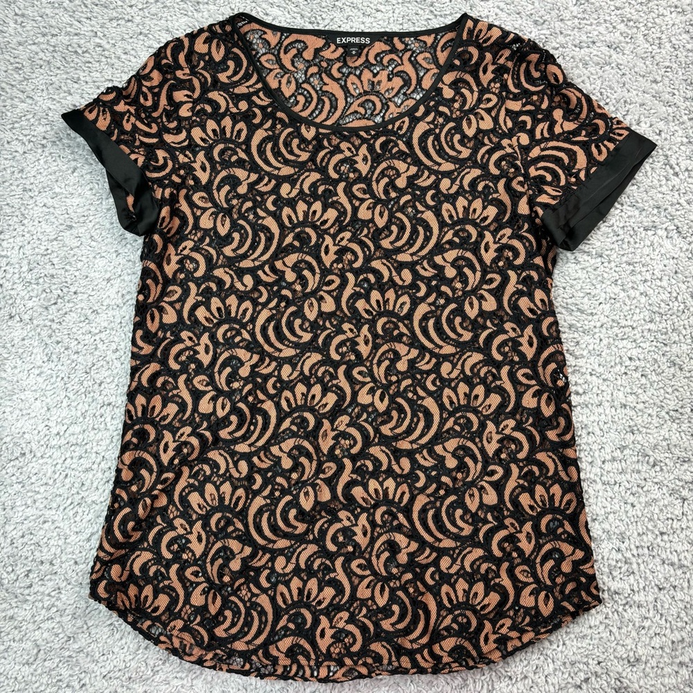 Express Blouse Womens Medium Black Lace Scoop Neck Short Sleeve Cuffed See Thru